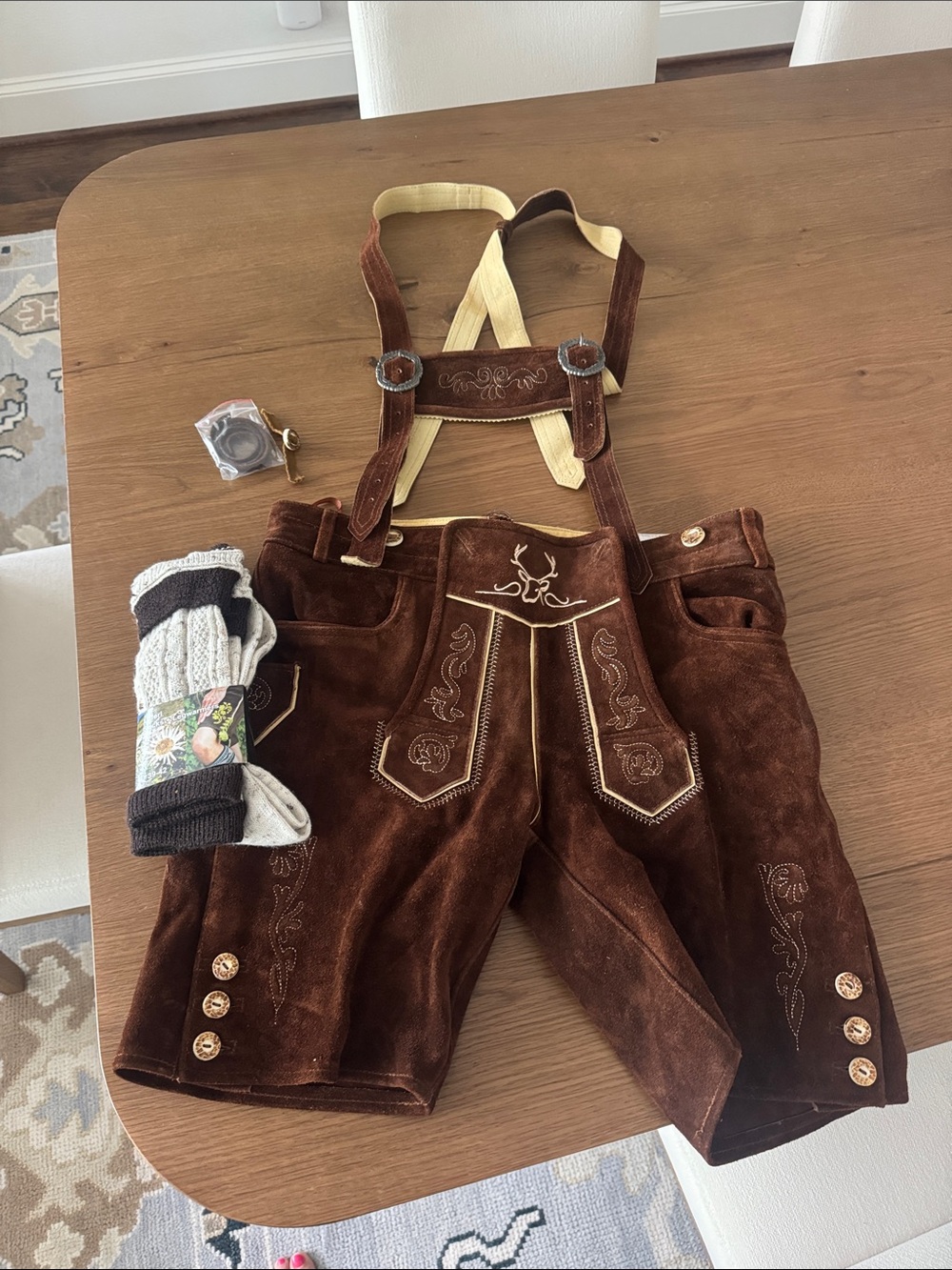 Men's Brown Suede Lederhosen with Cream Suspenders - Traditional Embroidery